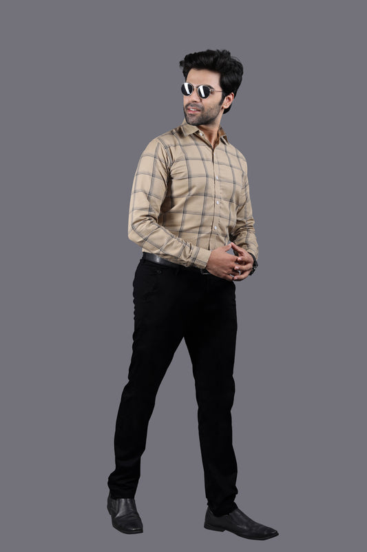 Camel Colour with Royal Blue Stripe Checks Herringbone Shirt