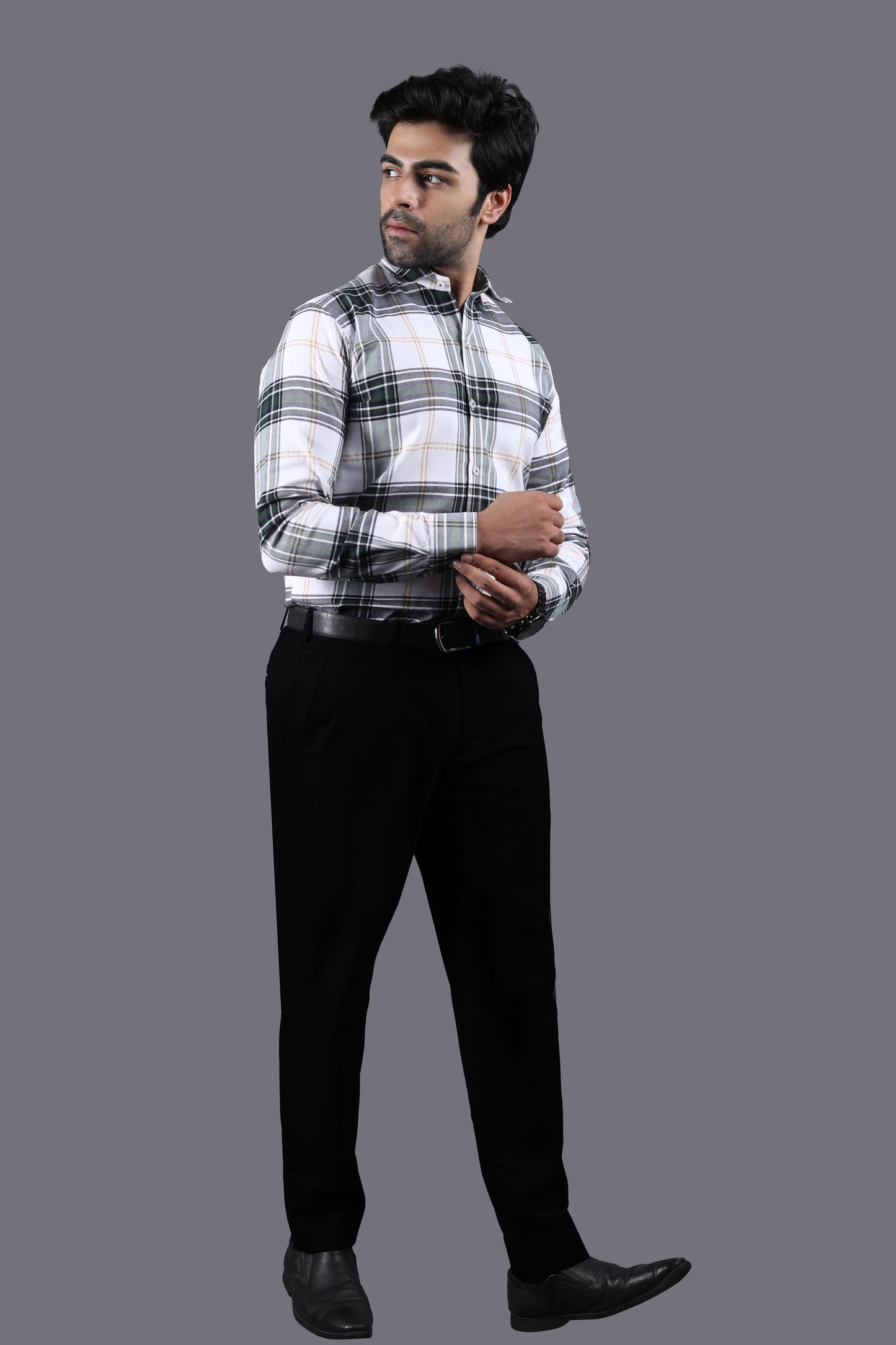 Green & White Big Checks Twill Weave Shirt