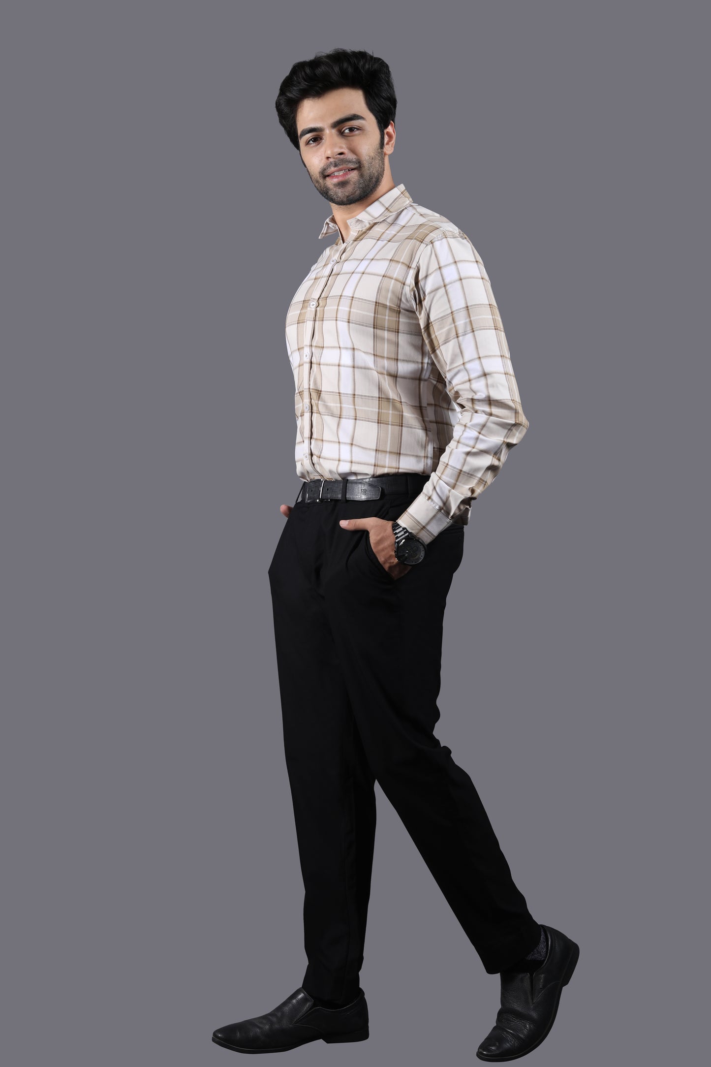 Light Beige Checks Herringbone Shirt