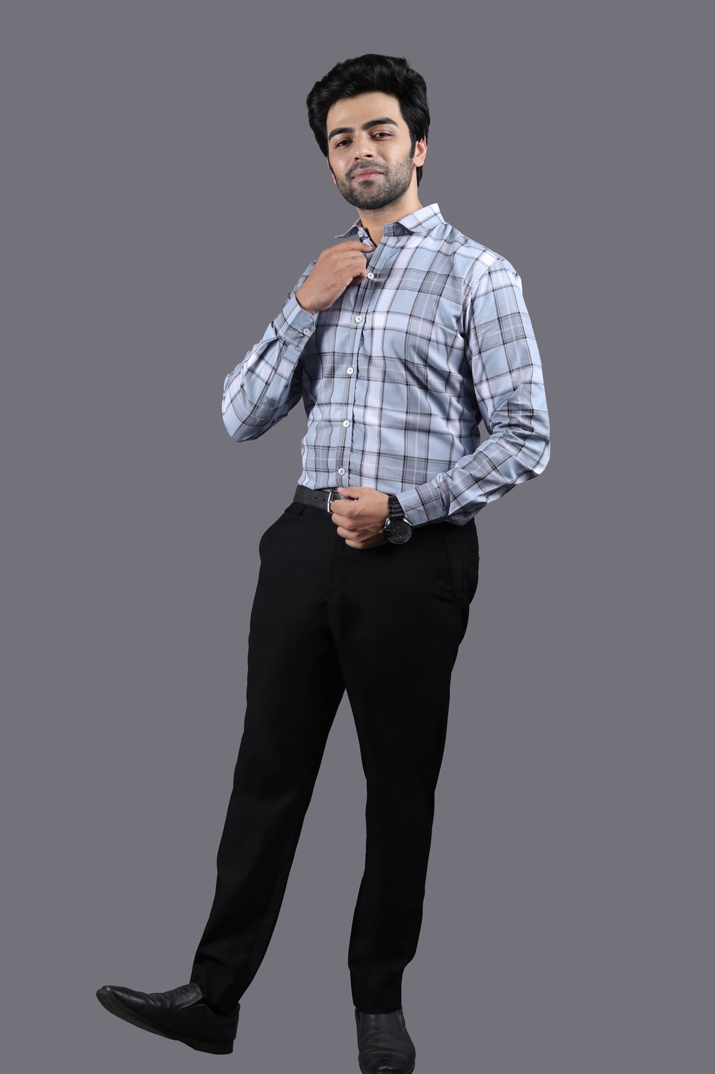 Sky Blue Checks Herringbone Shirt