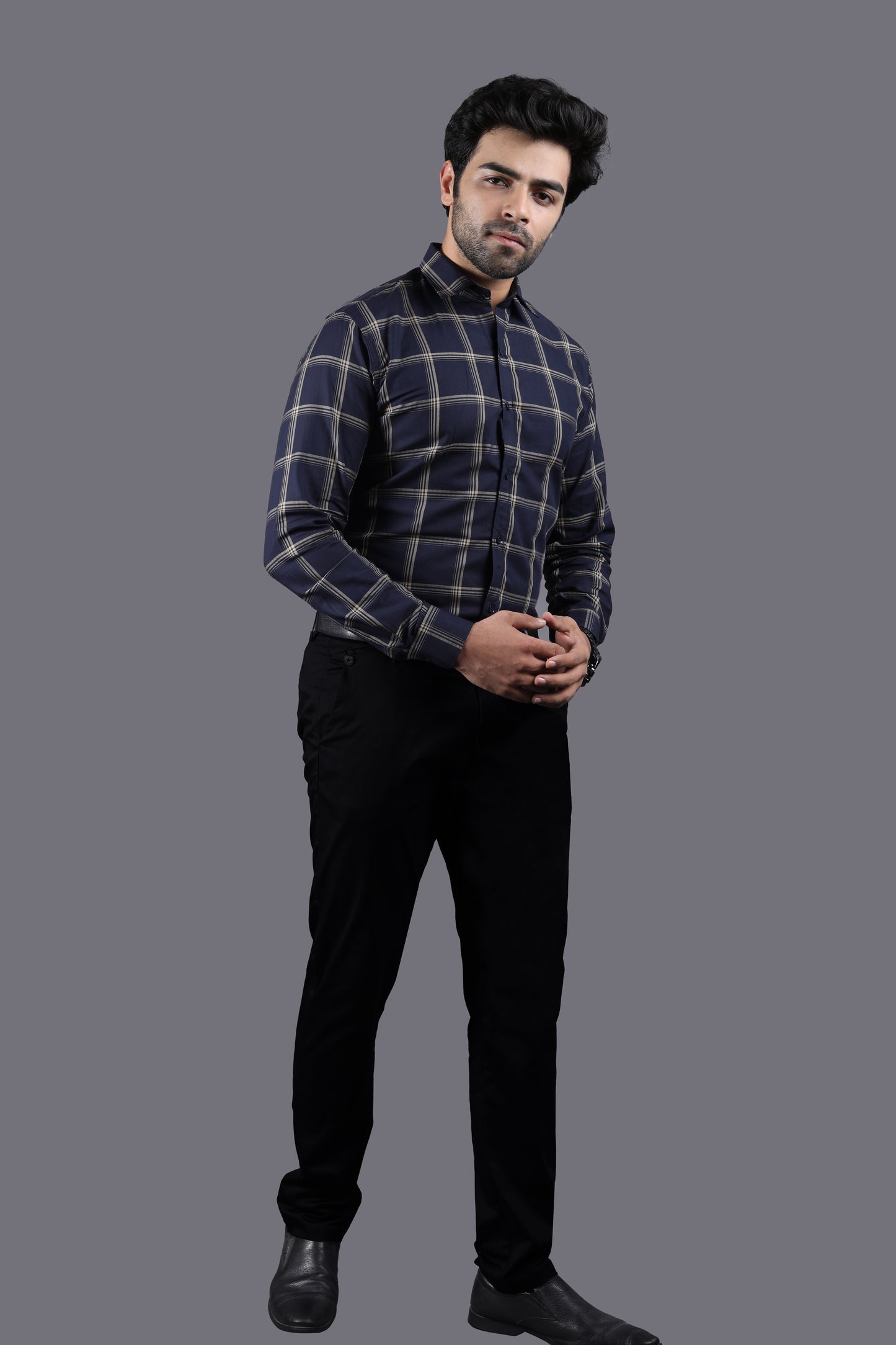 Royal Blue with Gold Strip Checks Herringbone Shirt