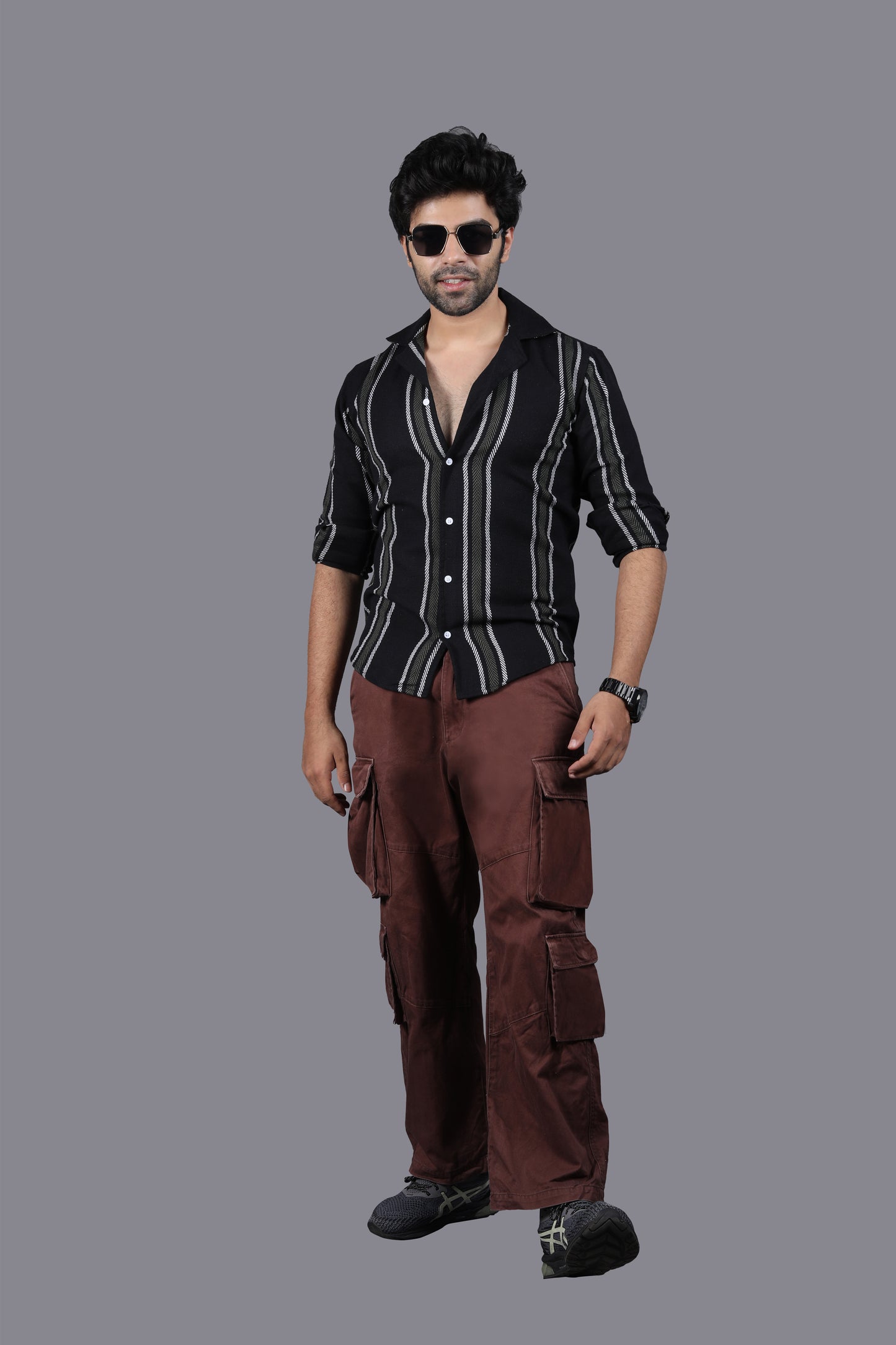 White Stripe Black Crochet Shirt